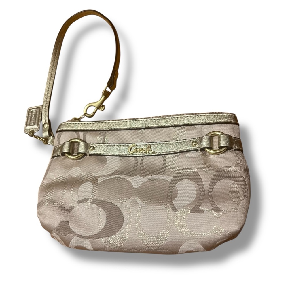 Coach Wristlet Metallic Khaki Gold w Purple Lining
